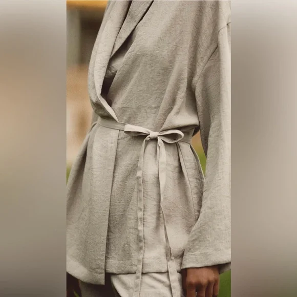 Zara Belted Textured Women's Long Sleeve Kimono Jacket In Beige/Tan Size M/L NWT - Picture 11 of 16